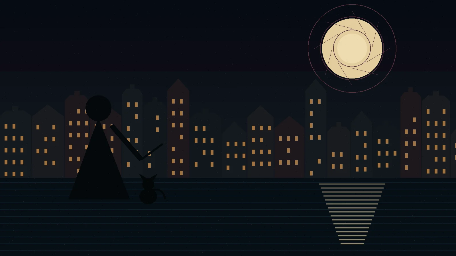Original moonlit Amsterdam canal artwork with a witch and cat silhouette